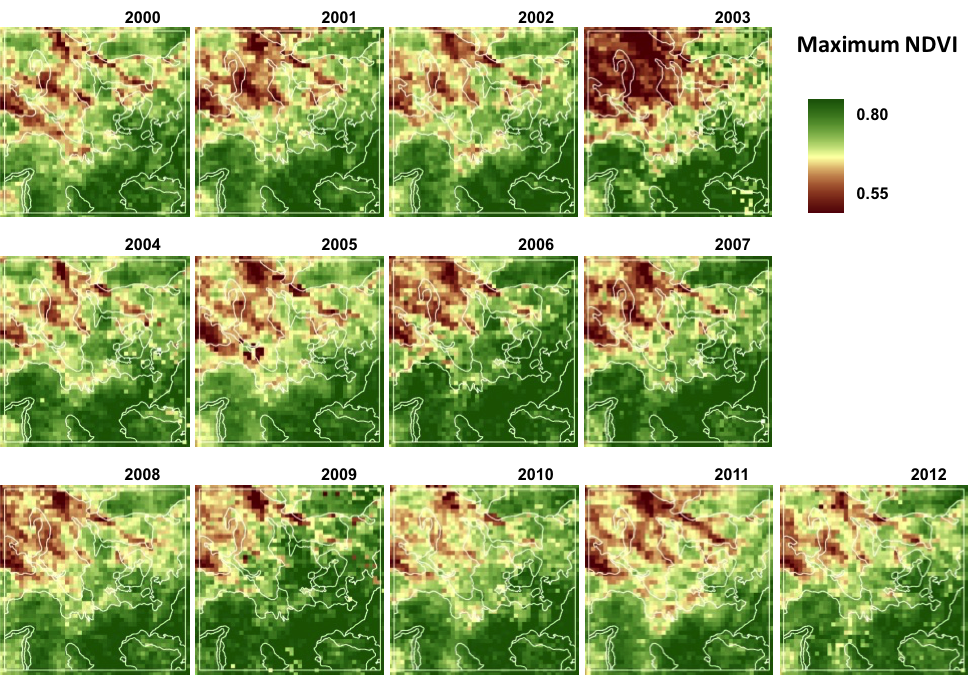 Fig. 2.9 Annual maximum NDVI value for the 2000–2012 period. Lines represent homogeneous landscape units from the visual interpretation of Figure 2.2.