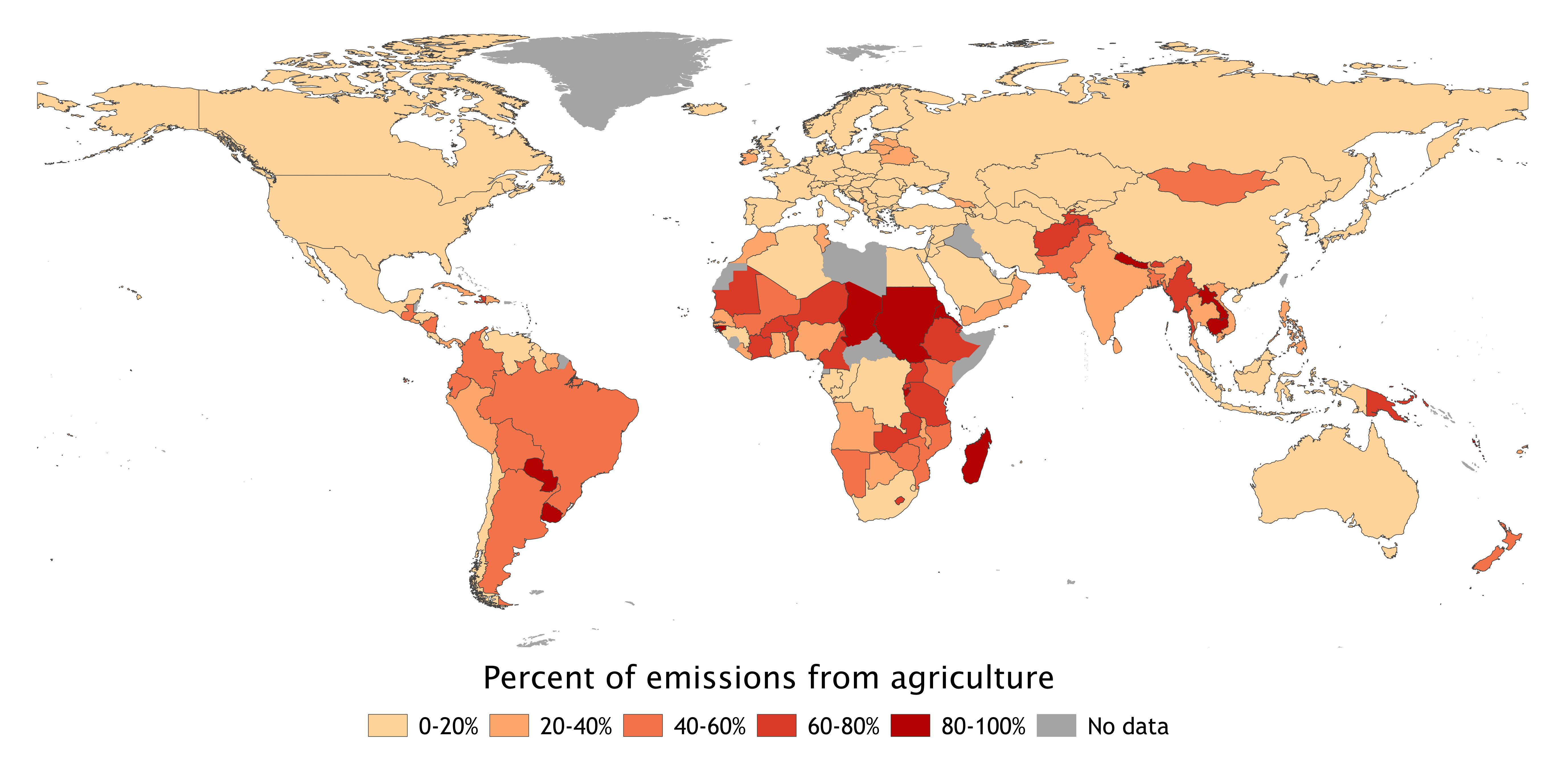 Figure 1.1 a) Total agricultural GHG emissions (GtCO2e yr-1) by country (CH4 and N2O only). Data are average of emissions figures from FAOSTAT database of GHG emissions from agriculture in 2010, EPA global emission estimates for 2010 and national reports to the United Nations Framework Convention on Climate Change (UNFCCC). If a country had not submitted a report to the UNFCC since the year 2000, we used only FAOSTAT and EPA data. b) Percent of national emissions that come from agriculture, not including land use, land use change and forestry (LULUCF). Data from national reports to the UNFCCC