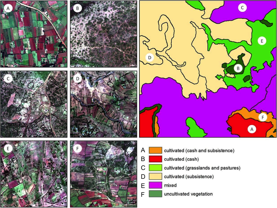 Fig. 2.2 Landscape analysis based on a visual inspection of landscape structure of Nyando, western Kenya. A–F are samples of the territory represented by the original QuickBird® image (all have the same spatial extent of 500 m). The larger panel on the right represents the six meaningful classes of landscape from the visual classification approach. Letters (A, B, C, D, E and F) show the location of samples in the area (see explanations in Table 2.1).